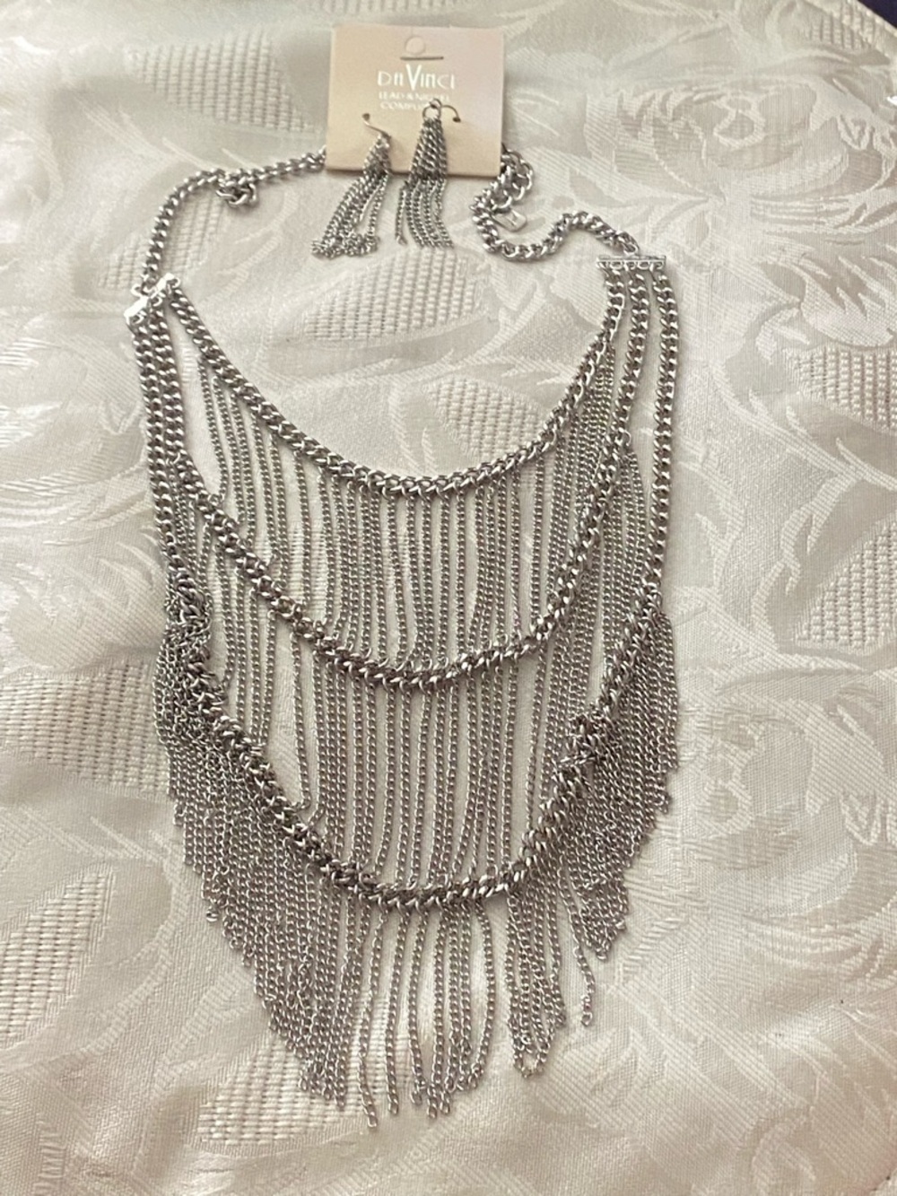 DaVinci Silver Tone Necklace & Earrings Set 3 Rows Fringe Statement Festival New